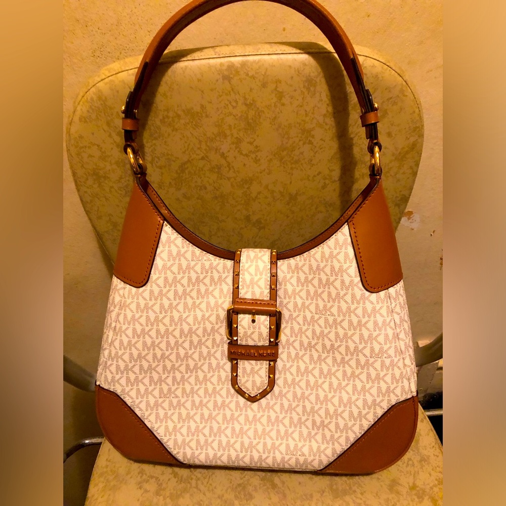 Micheal Kors Cream and Brown Leather Shoulder Bag with Monogram Design